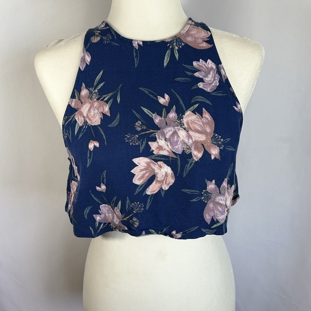 Talula Navy Blue & Pink Floral Cropped Tank Top Size Medium